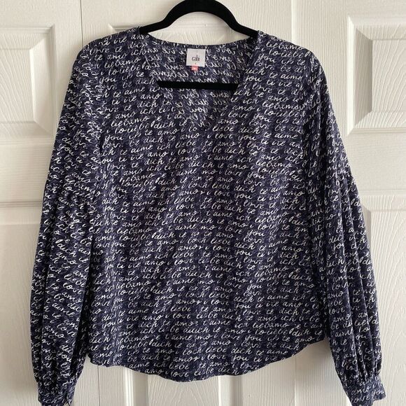 CABI Women's Te Amo Love Script Spell Out Blouse Navy Top size Small - Picture 1 of 8